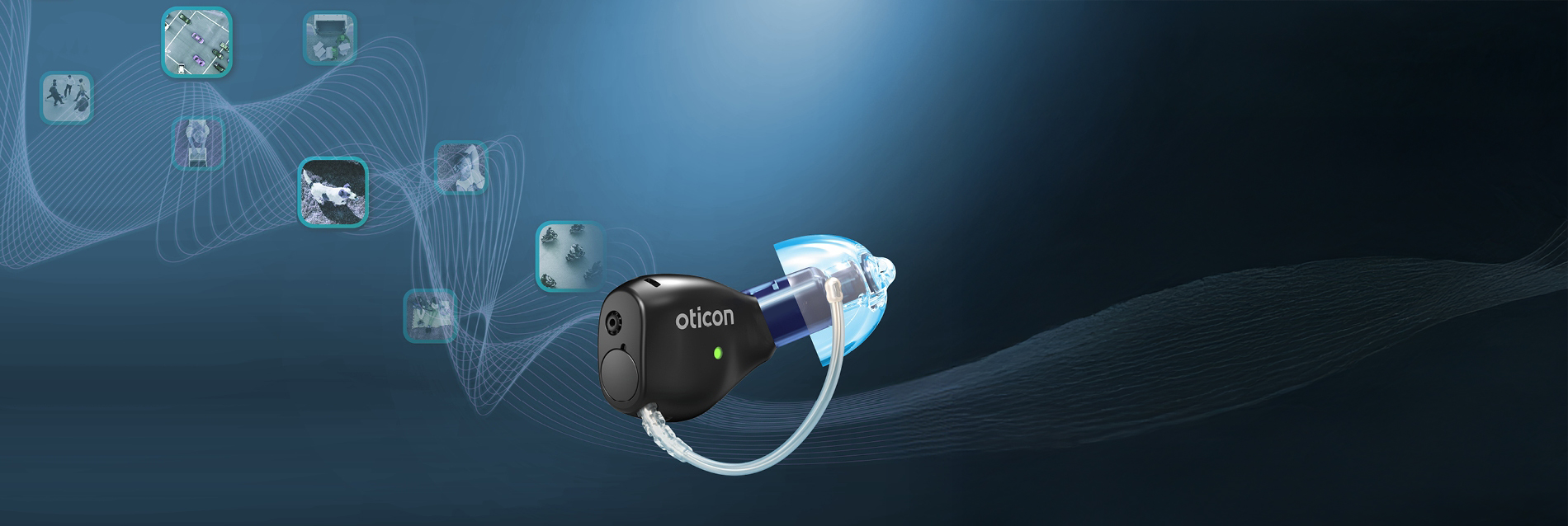 Otikon Hörgerät Zeal mit kleinen Bildern und Soundlinien