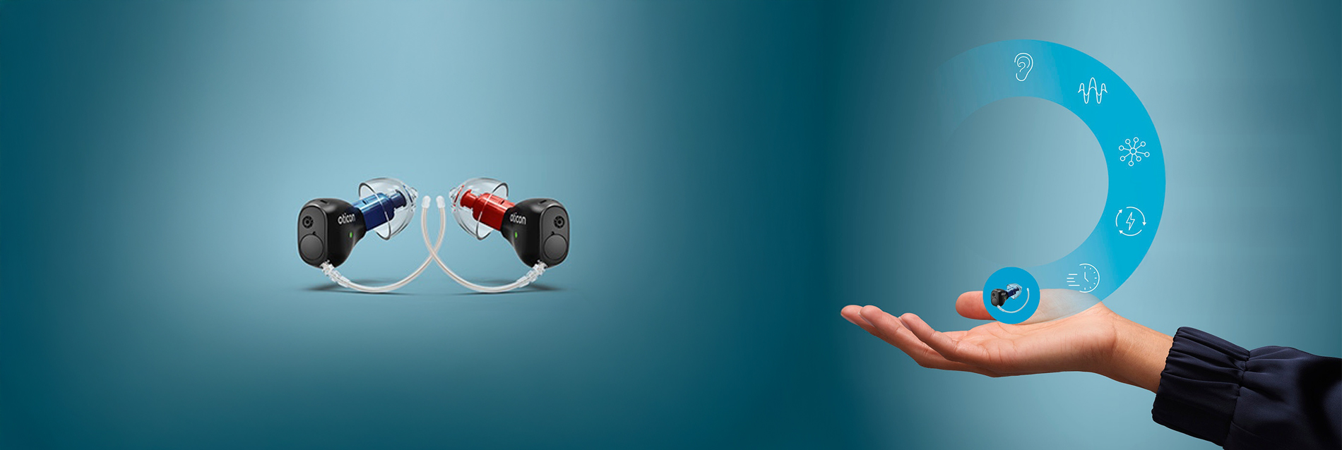 Otikon Hörgeräte Zeal und Hand mit Icons der Funktionen